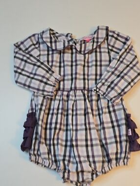 Ruffle Butts Purple and Cream Plaid Bubble Romper with Ruffle Trim